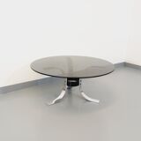 Table basse ronde vintage en verre, métal chromé et métal noir style Space Age des années 70