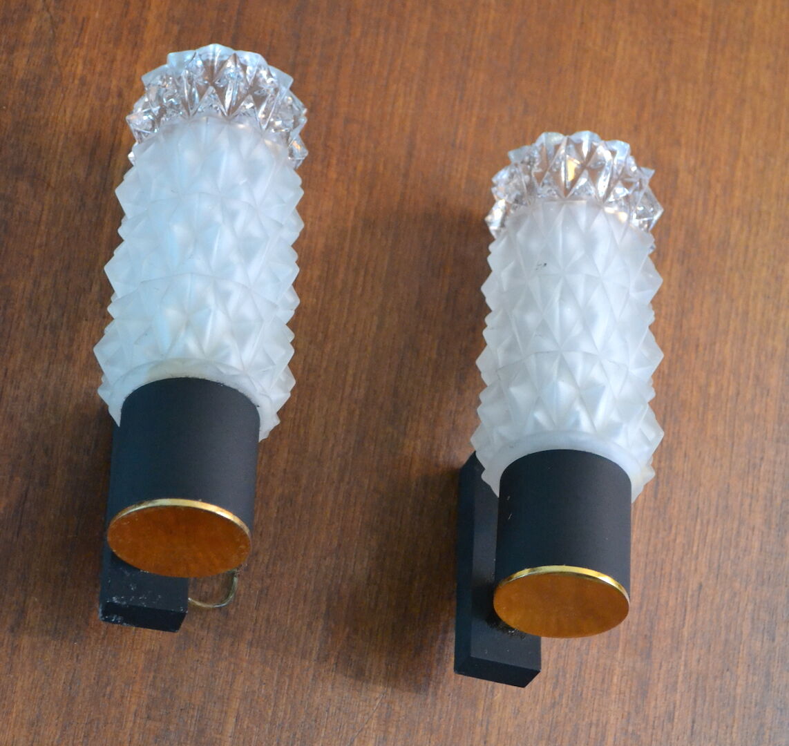 Pair of Arlus sconces with golden brass and glass, 50