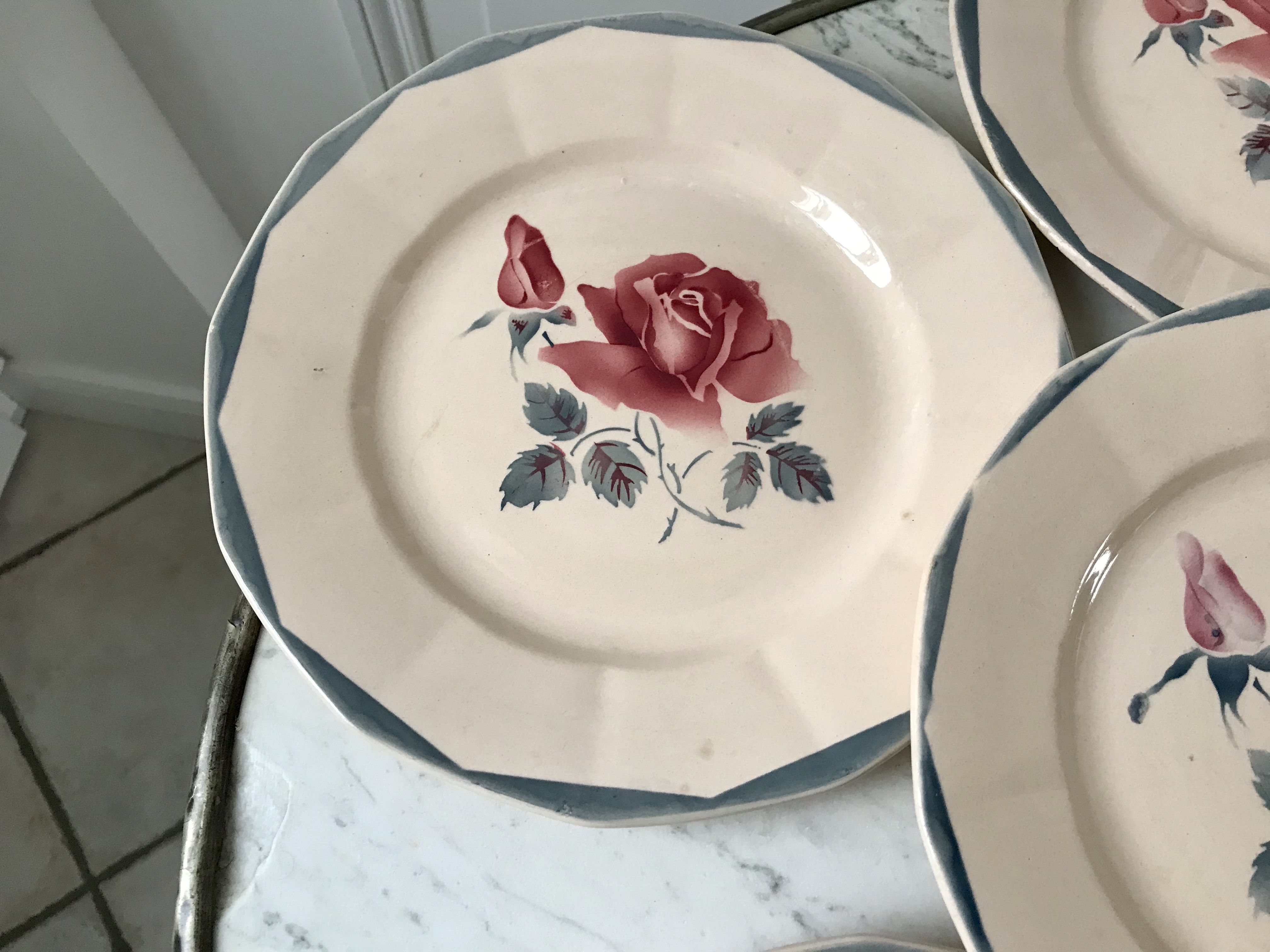 Set of 6 flat plates Digoin Sarreguemines pink and blue flowers 40s