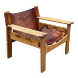 Safari chair in pine and leather, first edition attributed to Karin Mobring, 1970s