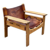 Safari chair in pine and leather, first edition attributed to Karin Mobring, 1970s