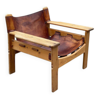 Safari chair in pine and leather, first edition attributed to Karin Mobring, 1970s