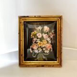 Old frame curved glass square dried flowers and fabric
