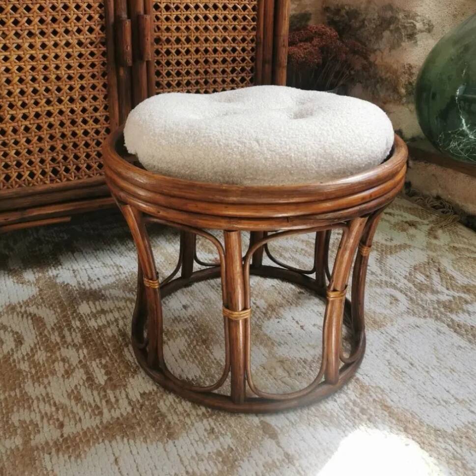 Vintage 70s rattan pouf stool with terry cushion
