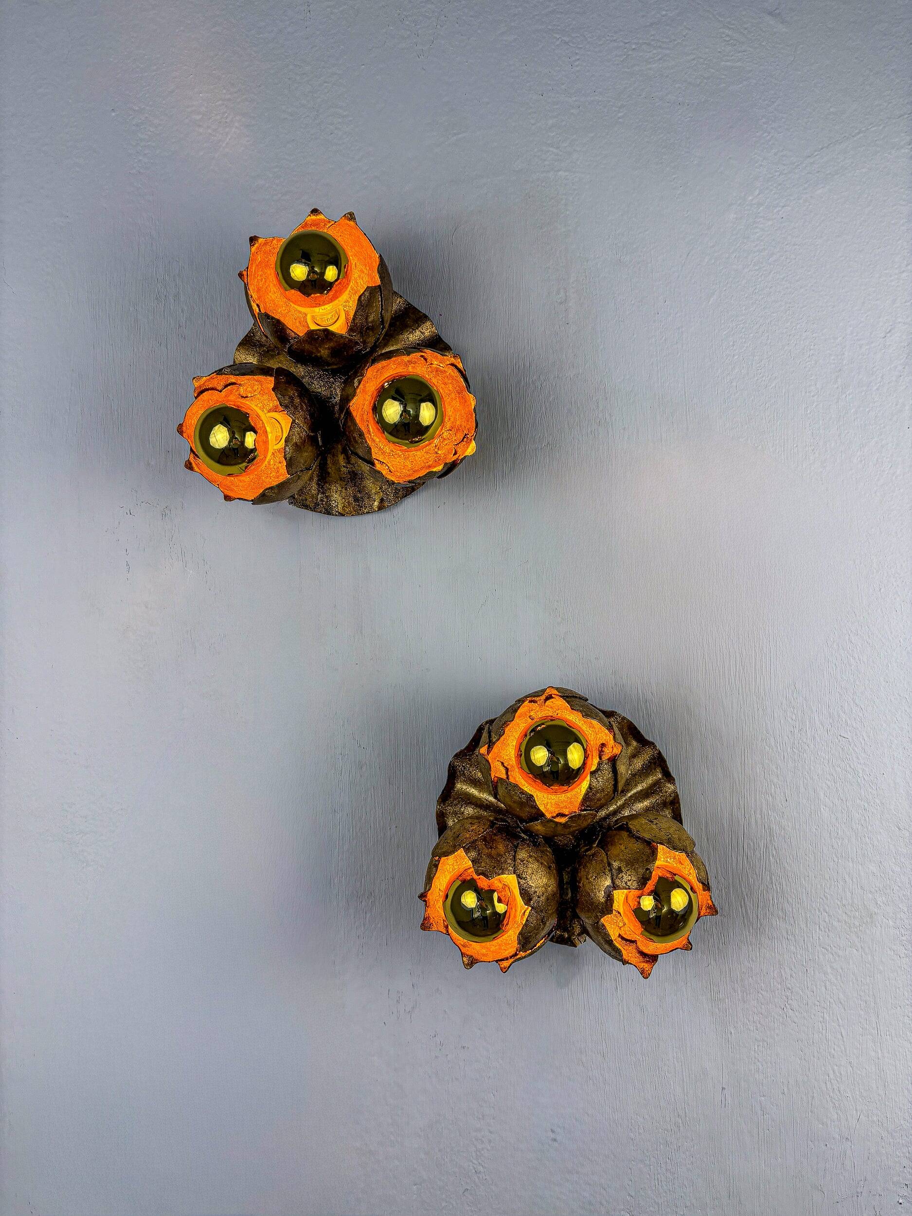 French floral bouquet three-light ceiling or wall light, gilt iron, 1940s