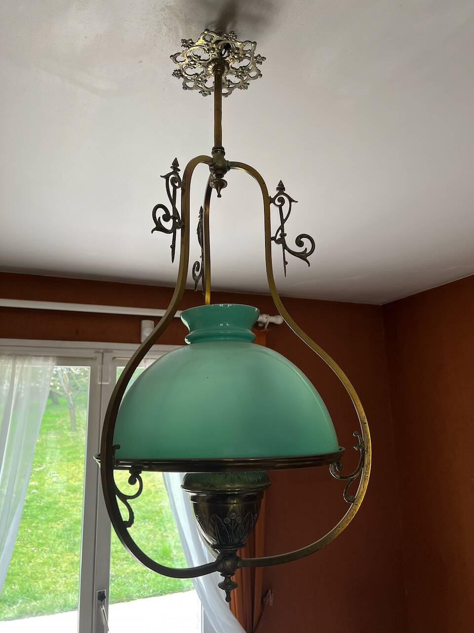 Lustre Suspension Art Nouveau - Green Opaline and Brass - Belle Époque Style