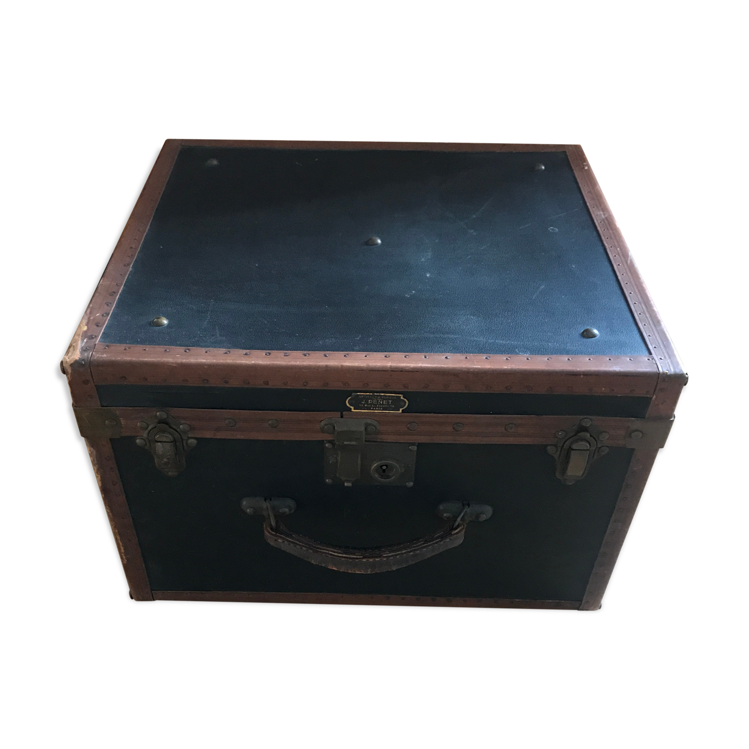 Old square travel trunk J Penet