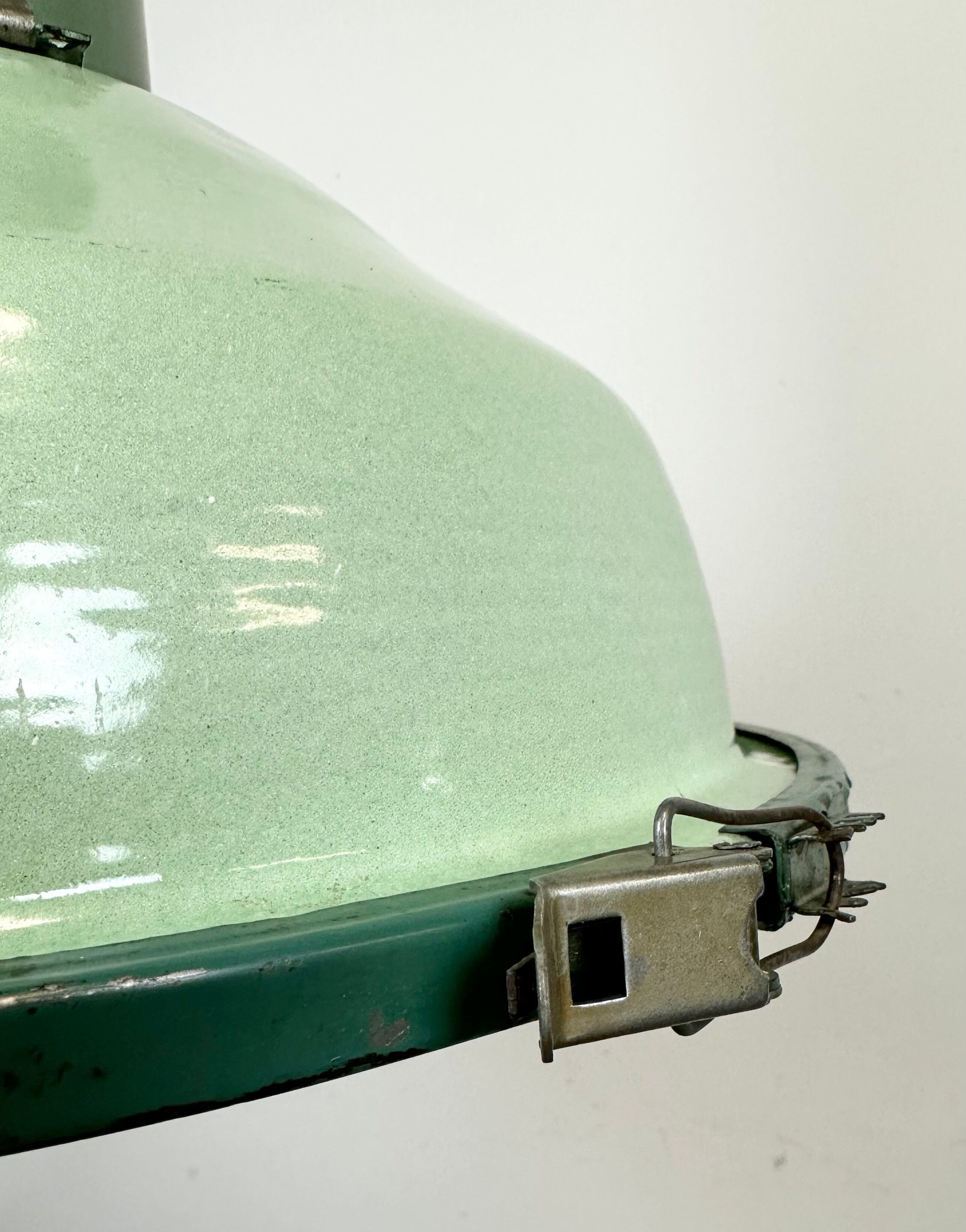 Industrial soviet green enamel pendant light with glass cover, 1960s
