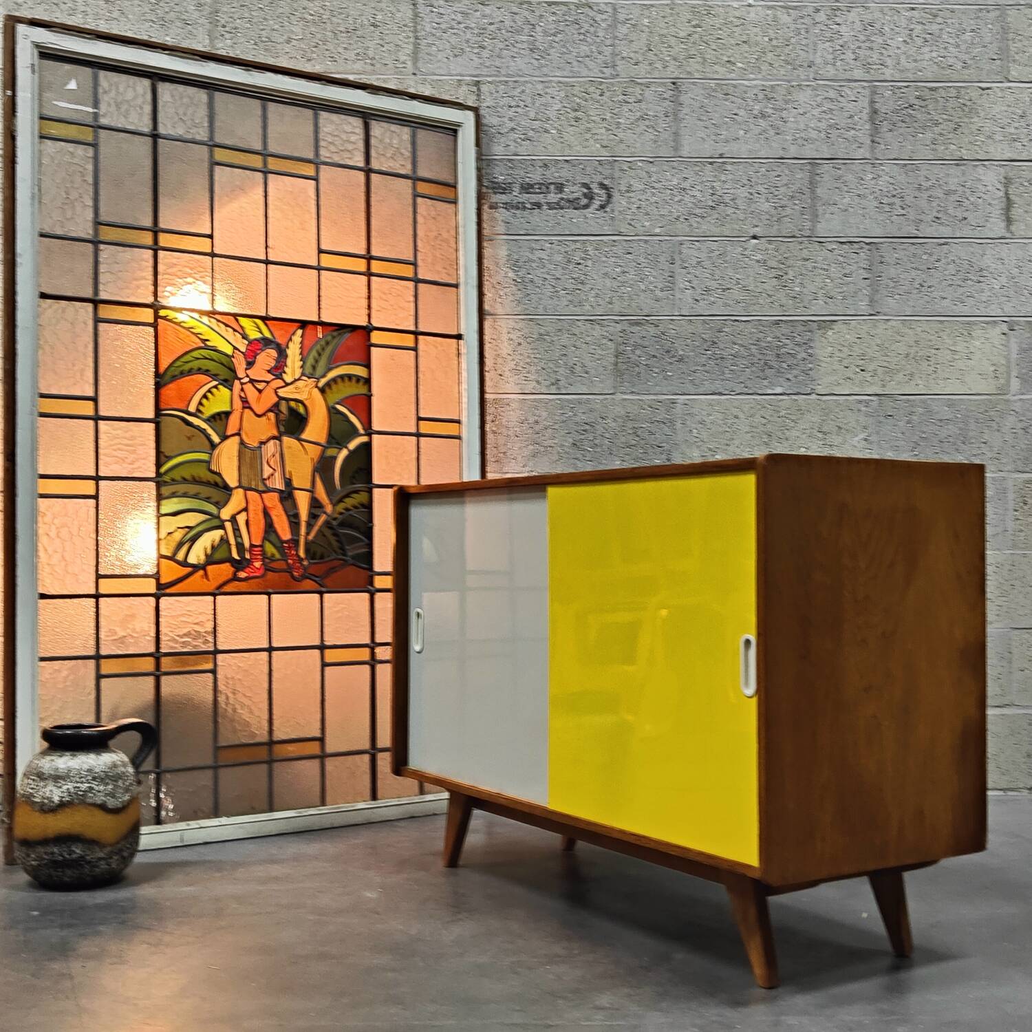 Large 19th century stained glass window The woman and the doe