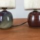 Pair of ceramic sandstone ball lamps and wool lampshades
