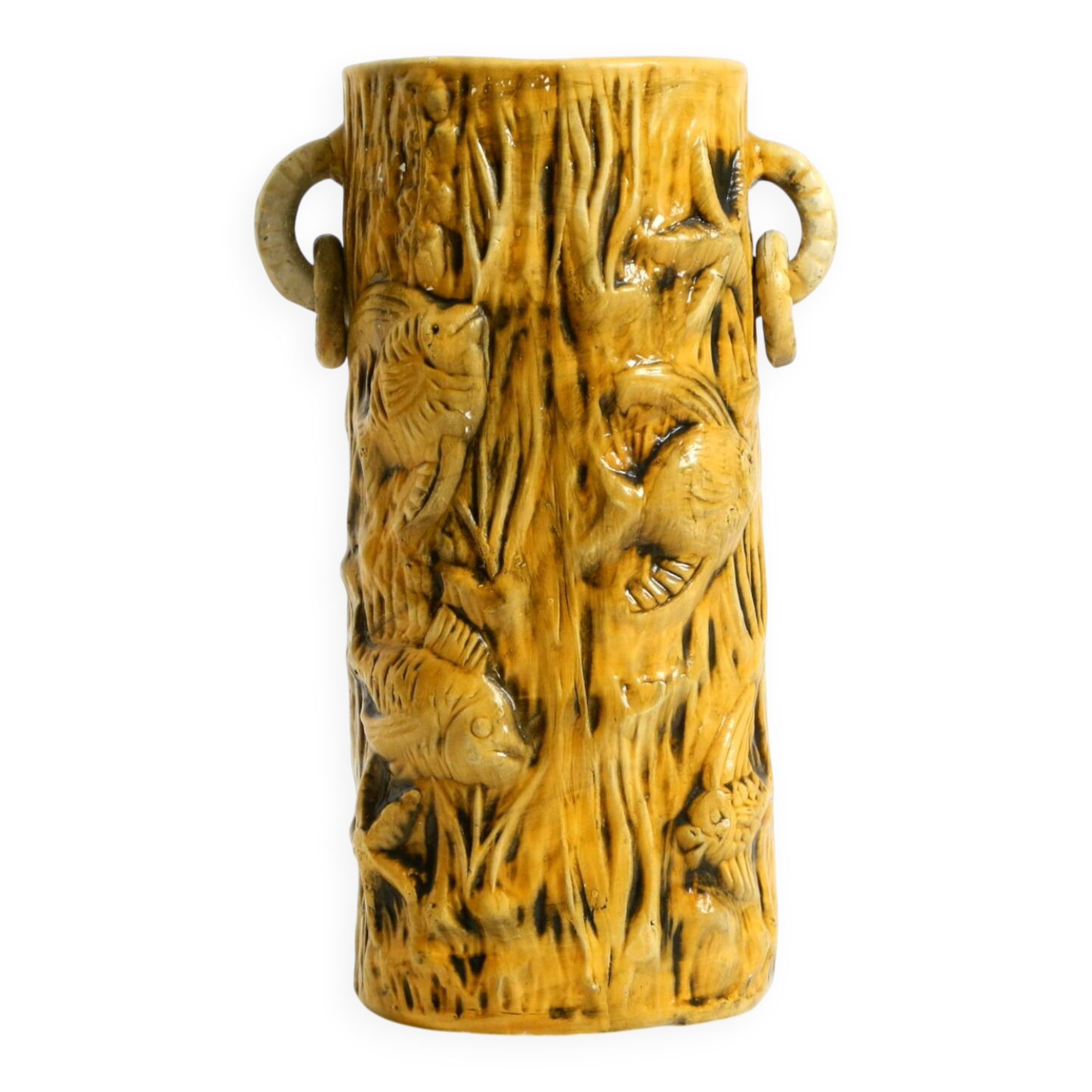 Large handmade glazed ceramic floor vase, handled vase with maritime motifs