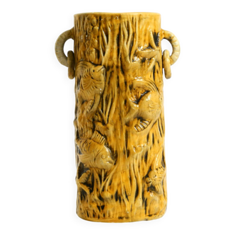 Large handmade glazed ceramic floor vase, handled vase with maritime motifs