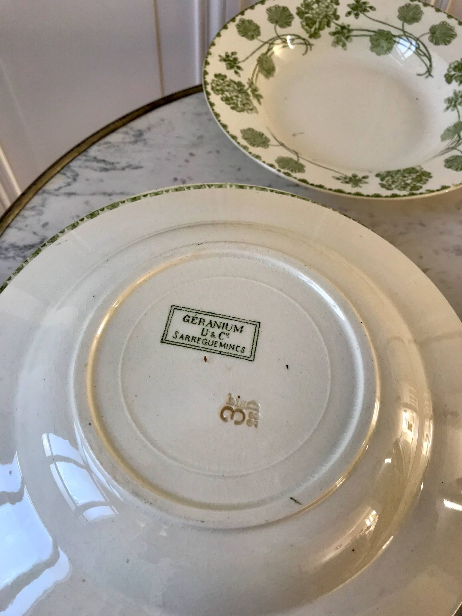 set of 8 hollow plates in Digoin Sarreguemines Iron Earth model "Geranium" green late 19th century