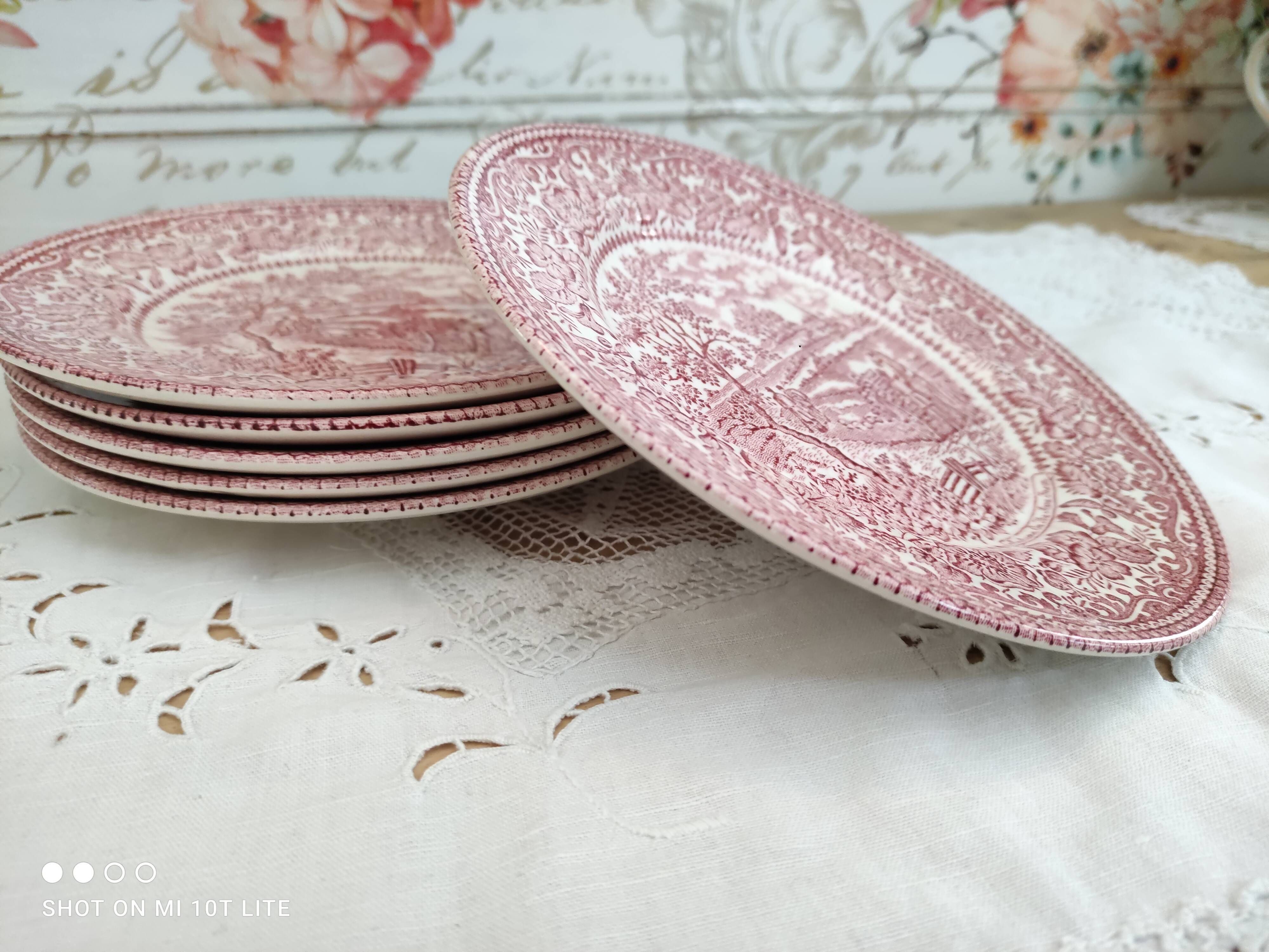 Set of 6 dessert plates in English porcelain red country décor