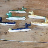 6 knife-wielding colorful ceramic dogs 60s