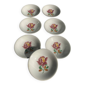 7 assiettes creuses, Gien france, modele princesse, céramique émaillée motif floral, roses, peintes