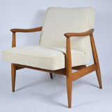 Restored scandinavian armchair "Kedziorek", 1960s, cream Cord, teak