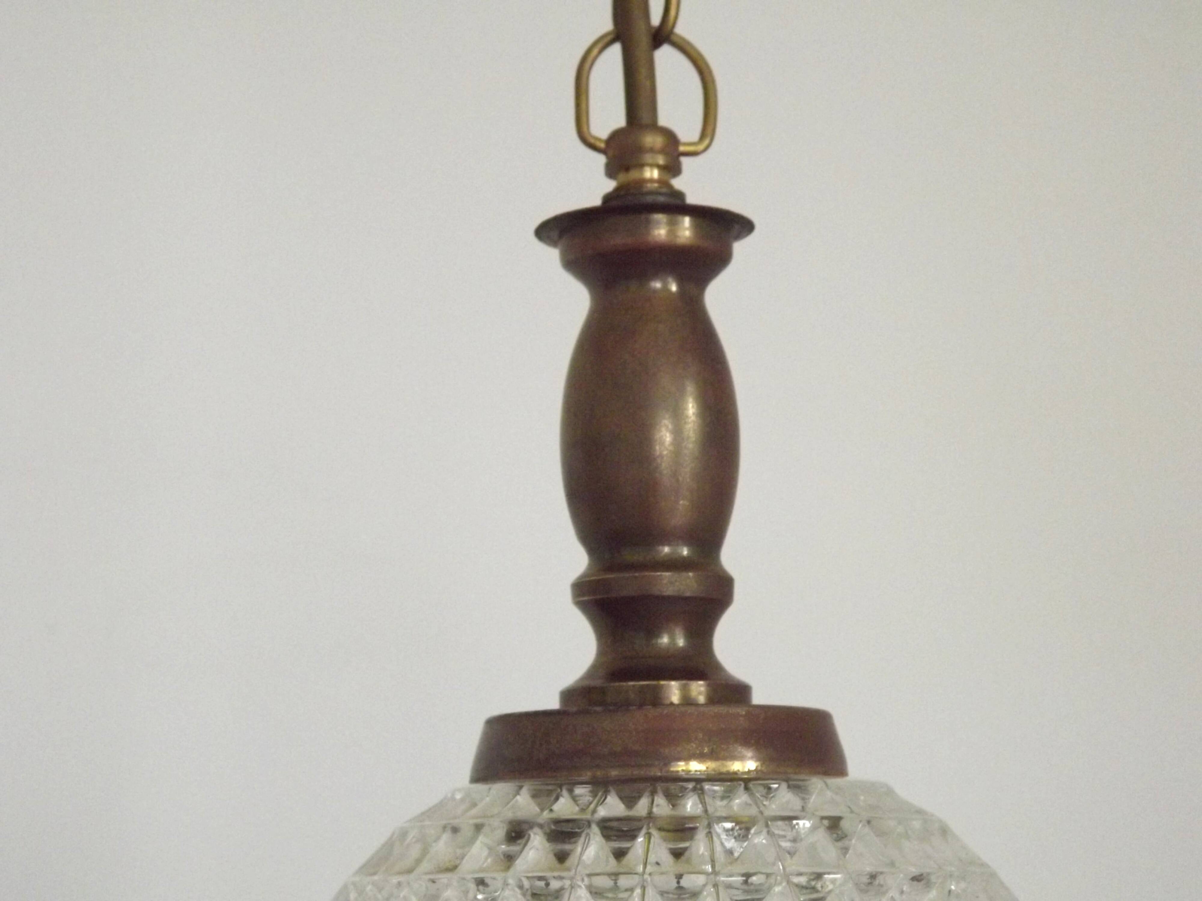French Vintage Molded Glass & Brass Pendant Light 1970s Globe Hanging Lamp