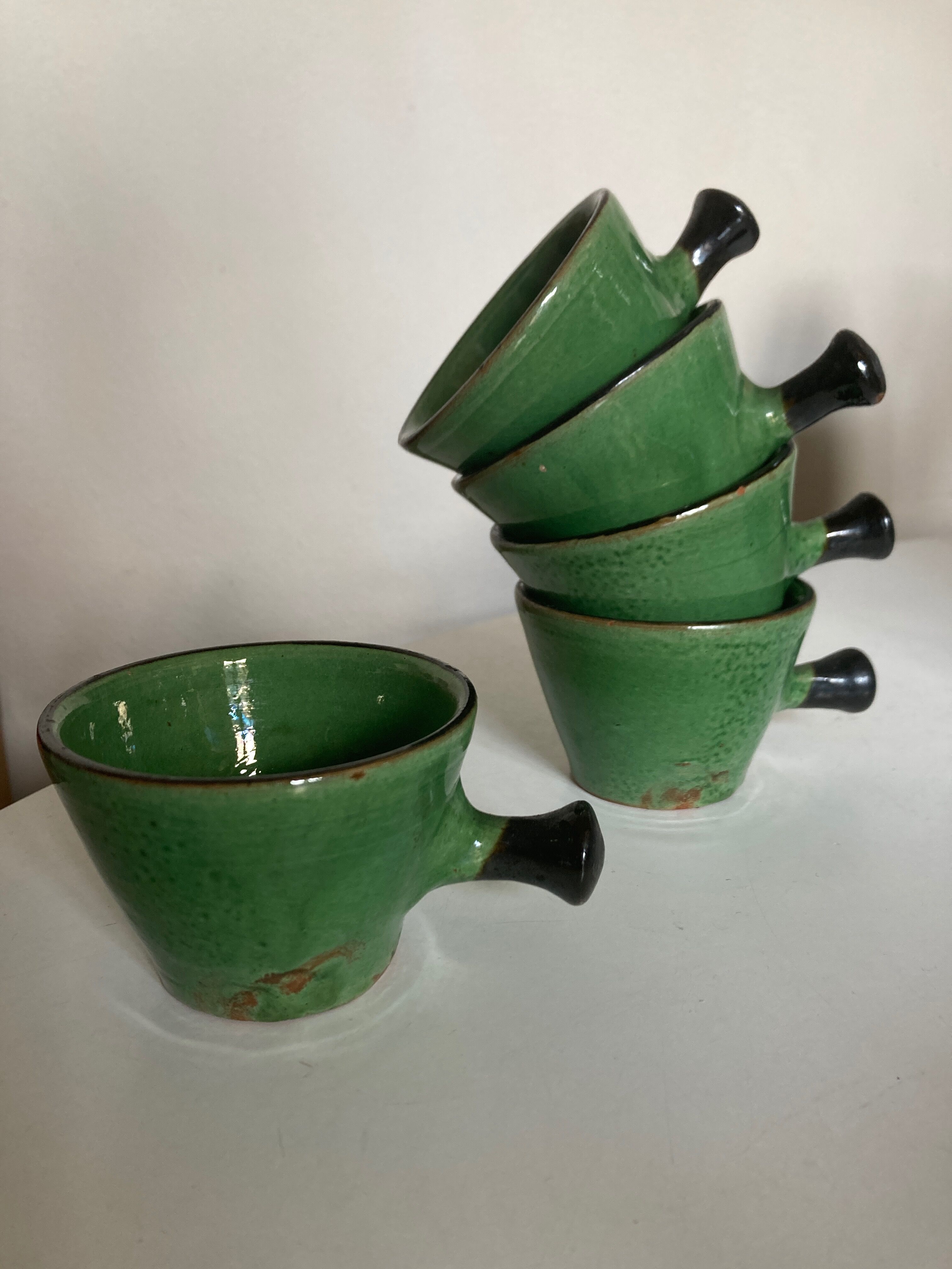 Set of 5 cups in green glazed clay Dieulefit 1960