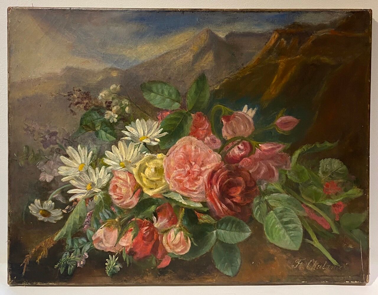 Old painting, still life with daisy roses and wild flowers, signed, early XX century