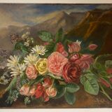Tableau ancien, nature morte aux roses pâquerettes et fleurs sauvages, signé, début XX siècle