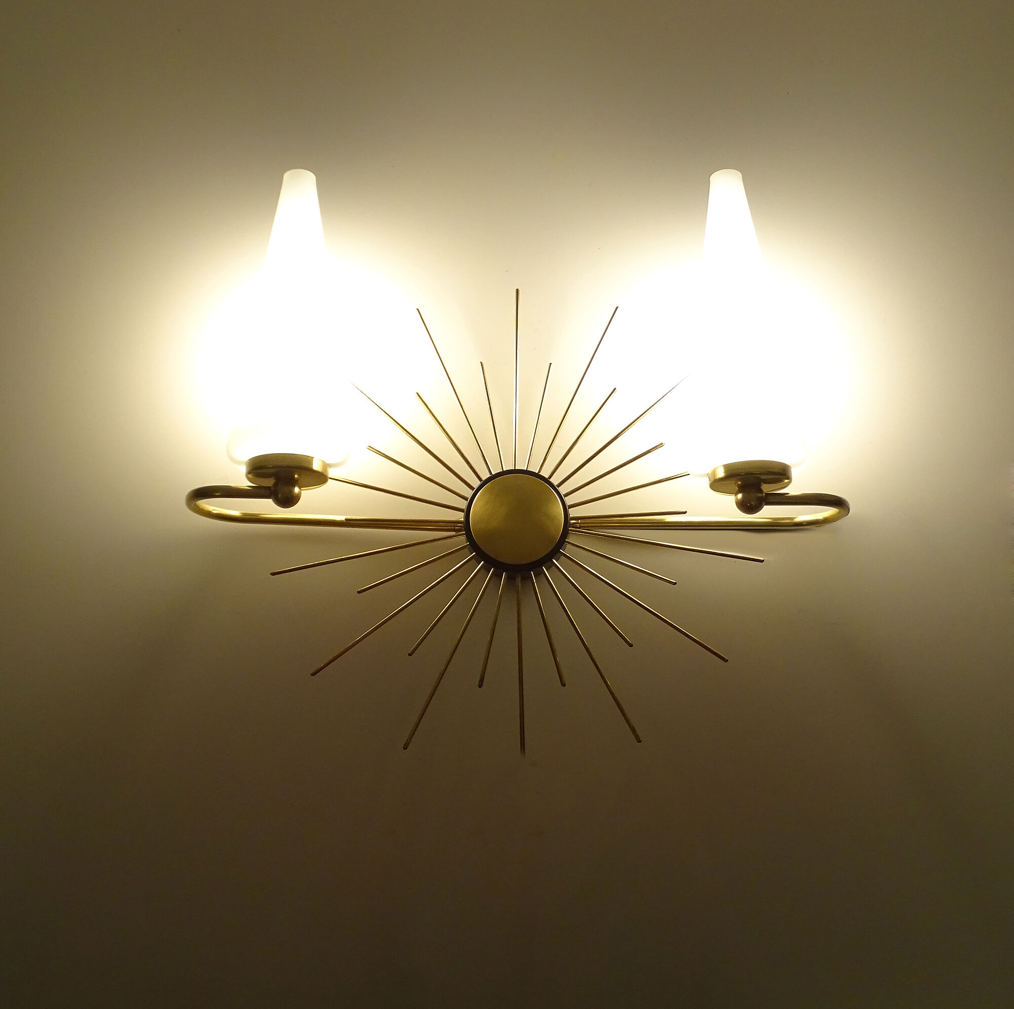 Pair of vintage sconces, sun, glass and brass, 60s