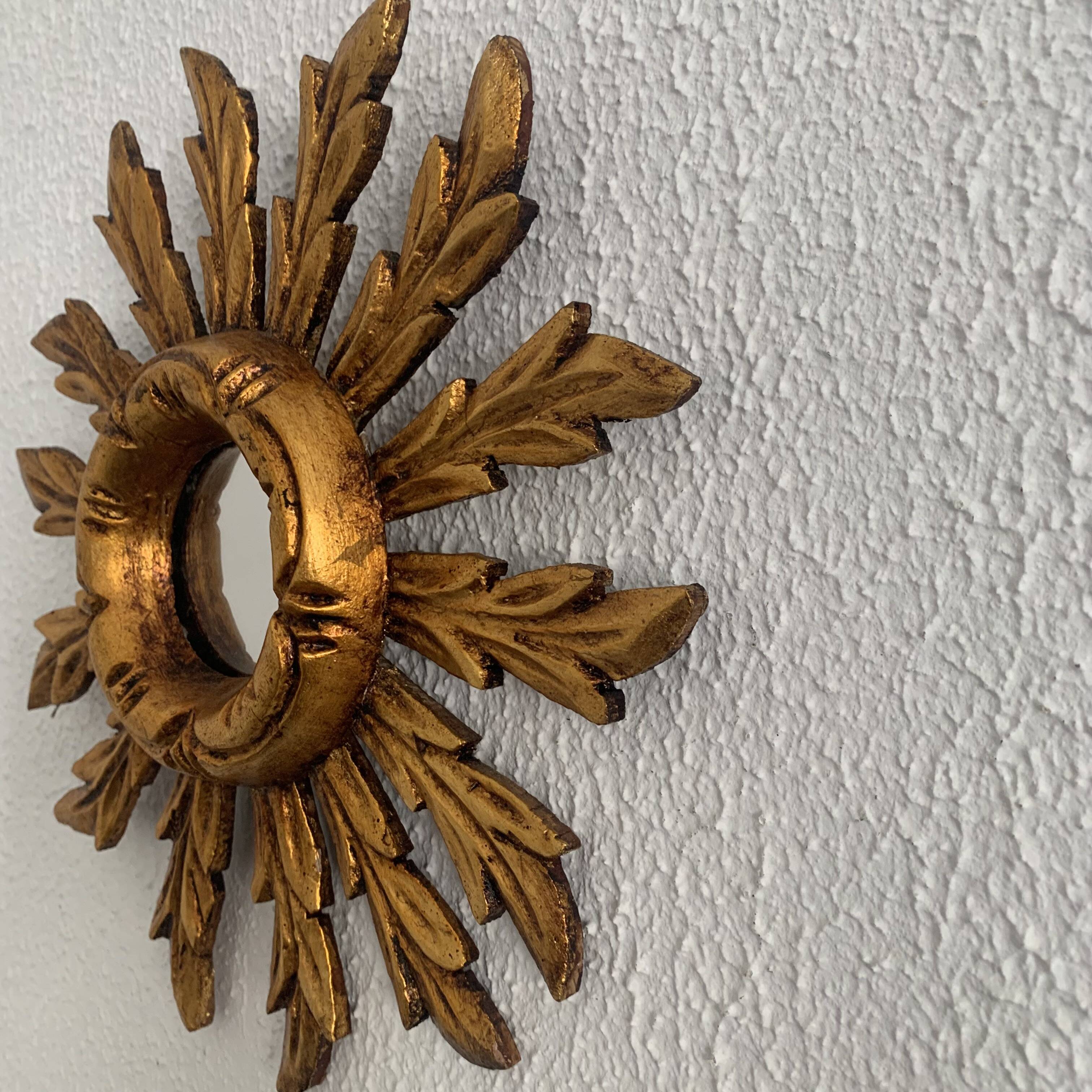Vintage 1960 sun mirror carved wood gold leaf - 27 cm