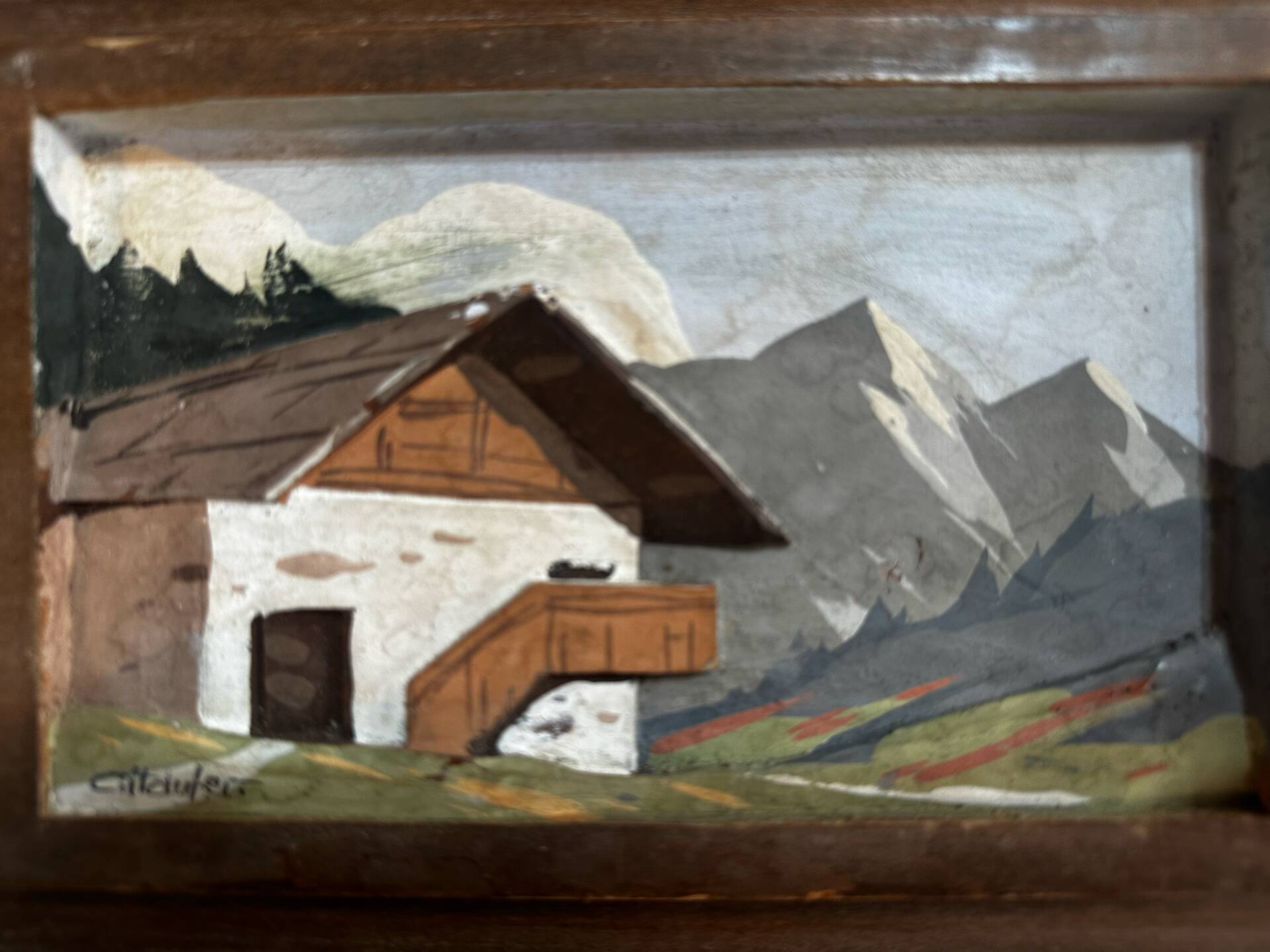 Vintage Carved and Painted Wooden Alpine Plaque 15 / 22 cm