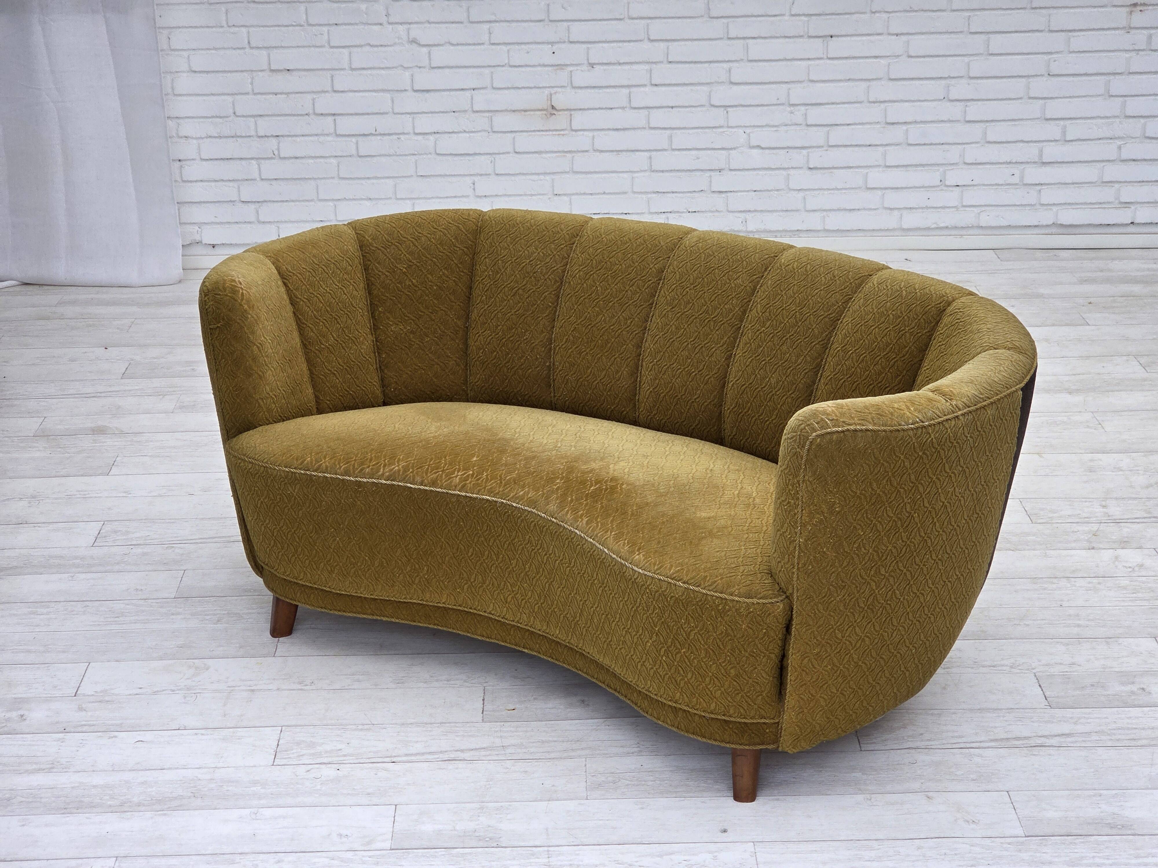 1960s, Danish 2-seater "Banan" sofa, green furniture wool, ash wood.
