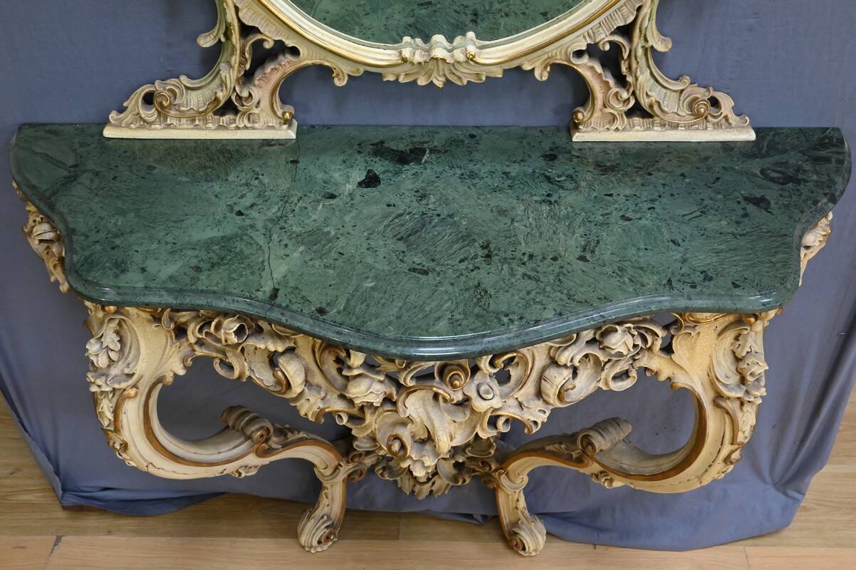 Painted Wooden Console-Mirror Set – 20th Century