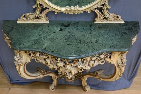 Ensemble Console-Miroir en Bois Peint – XXe