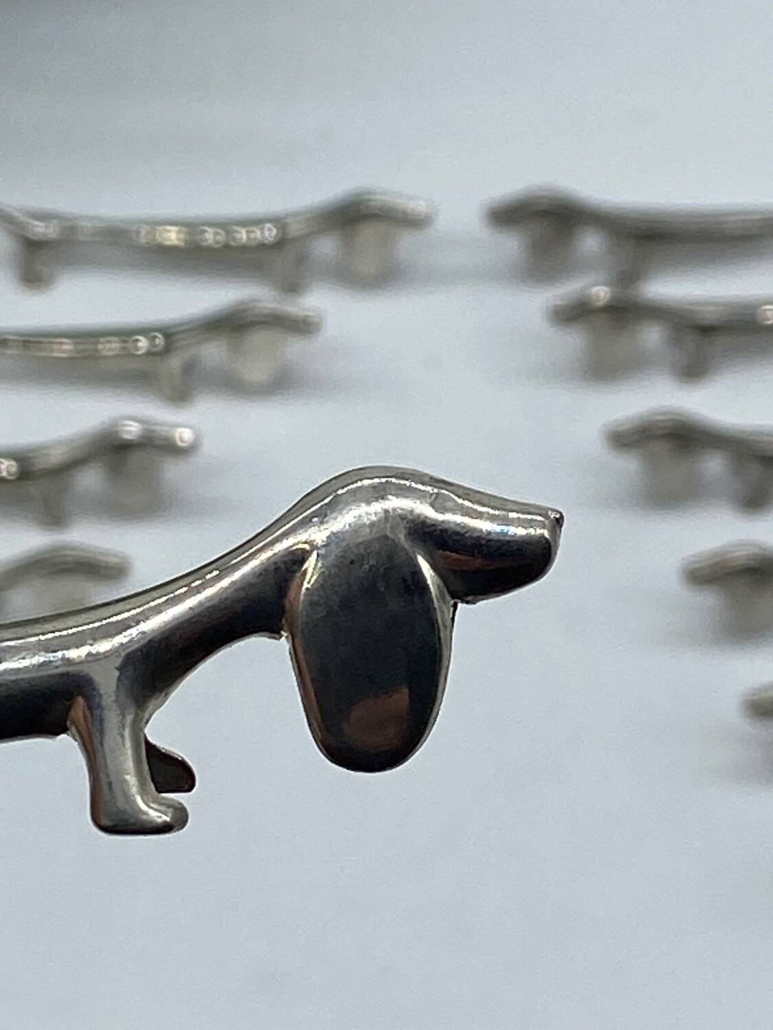 Vintage knife holder, dog, dachshund, silver metal, animal