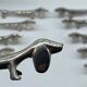Vintage knife holder, dog, dachshund, silver metal, animal
