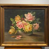 Tableau ancien , bouquet de roses fin XIX début XX siècle
