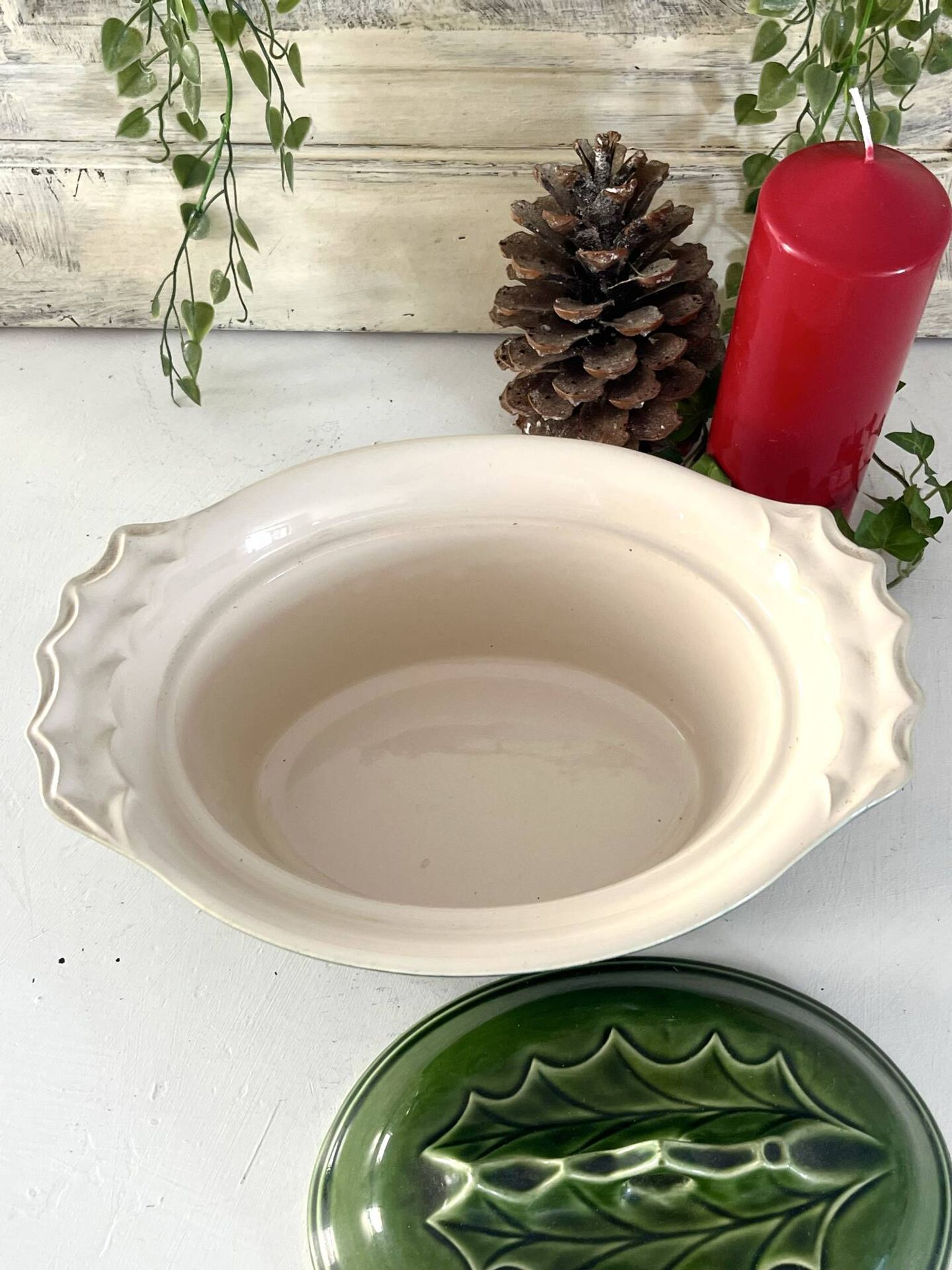 Christmas Terrine with Holly Lid, Green Ceramic Serving Dish, Vintage