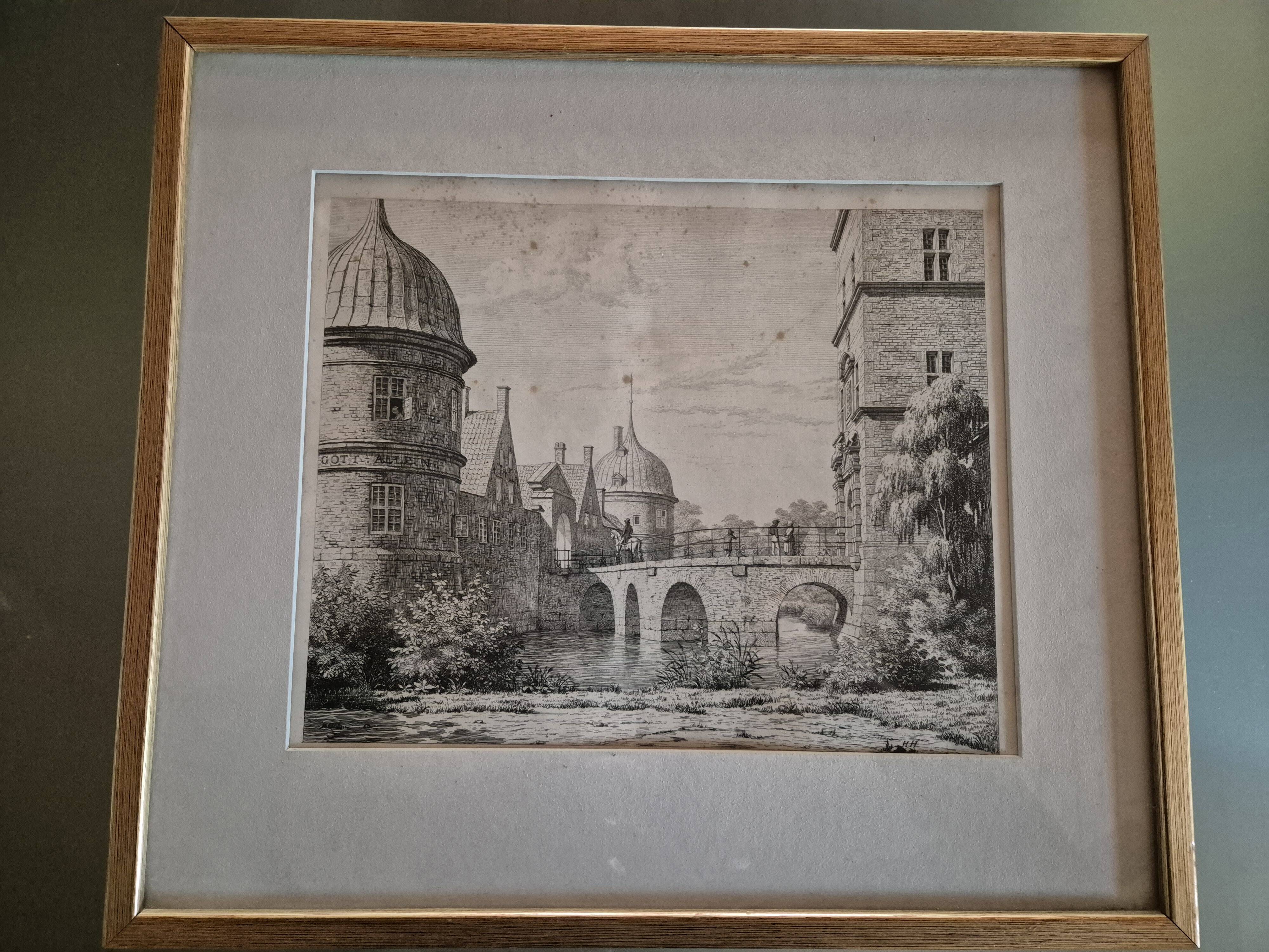 Etching The bridge of Frederiksborg Castle – The bridge at Frederiksborg Castle