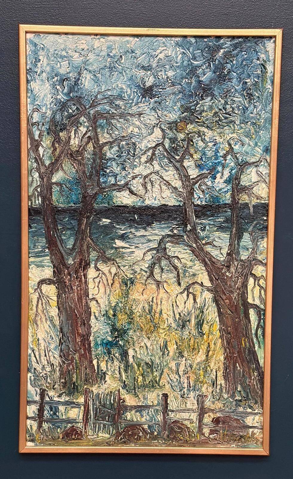 Huile sur toile originale suédoise – « Arbres » par Stig Allan – Vintage et encadrée – 88 × 53 cm (34,6" × 20,9")