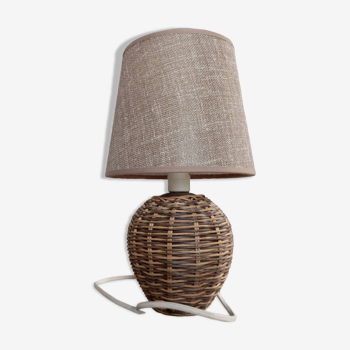 Rattan table lamp, taupe-colored woven lampshade, vintage