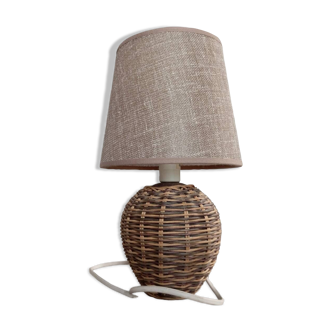 Rattan table lamp, taupe-colored woven lampshade, vintage