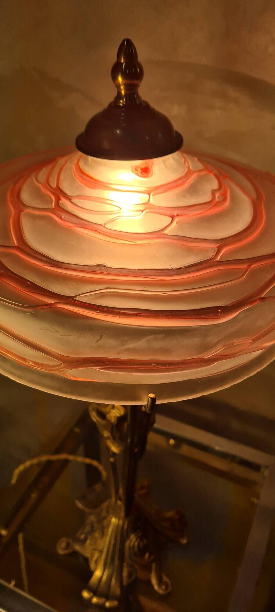 Austrian Art Nouveau bronze lamp with Loetz style art glass shade