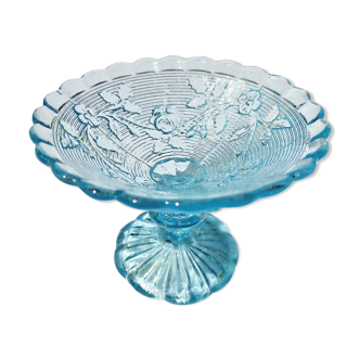 Baguier ancien en verre pressé moulé couleur BLEU à décor de ROSES