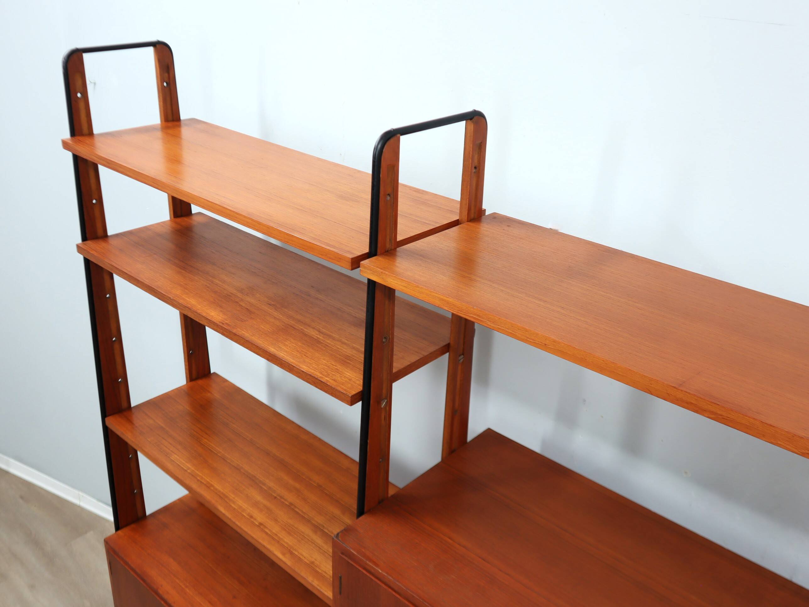 Mid century modular teak bookcase with bar unit, Italy 1950s