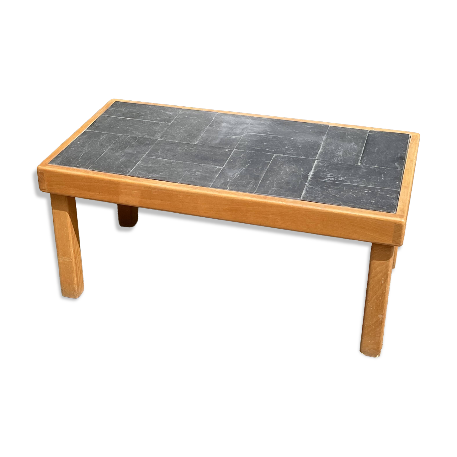 Vintage coffee table in solid wood and slate – 1970s – Modernist style
