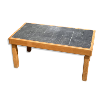 Vintage coffee table in solid wood and slate – 1970s – Modernist style