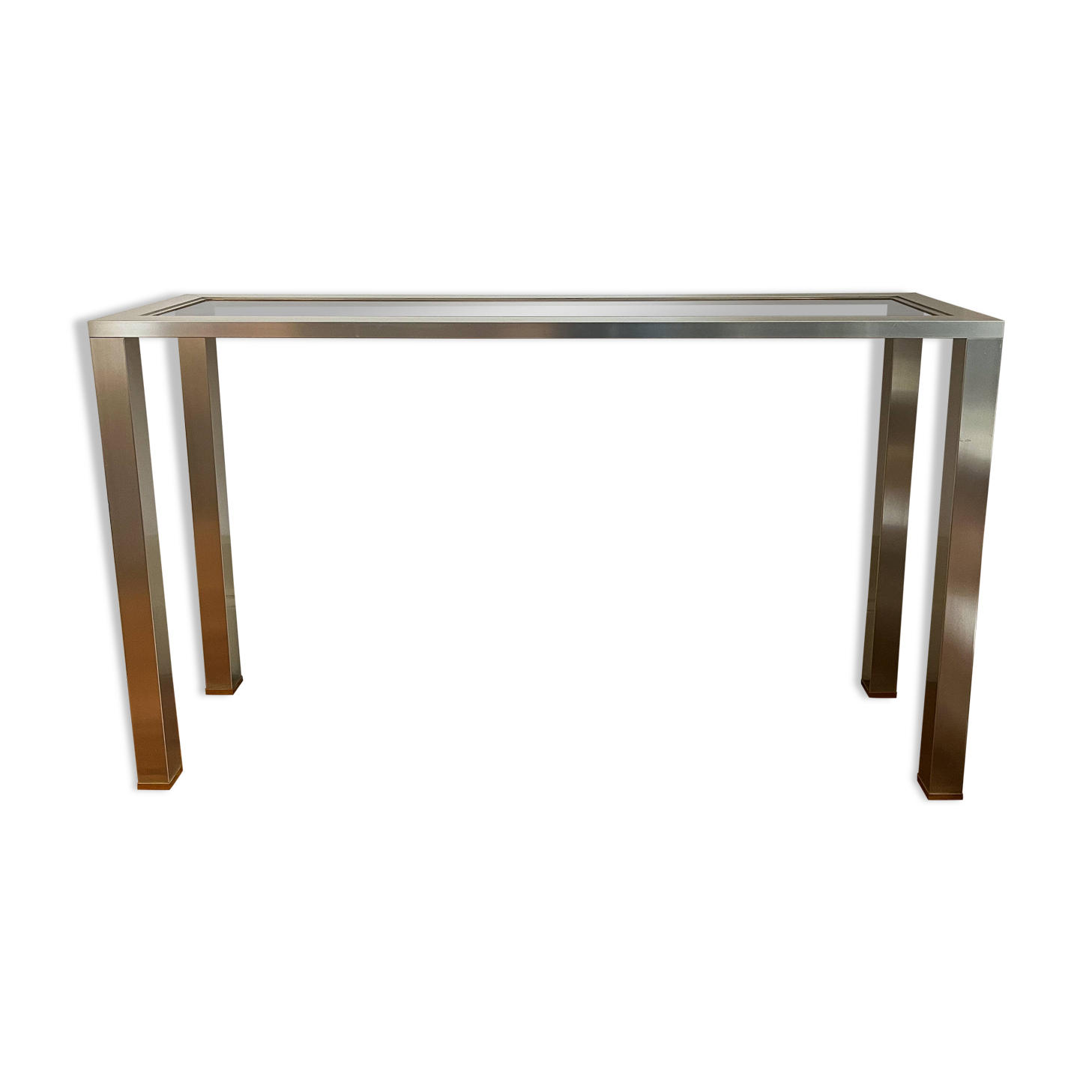 70s stainless steel and glass console