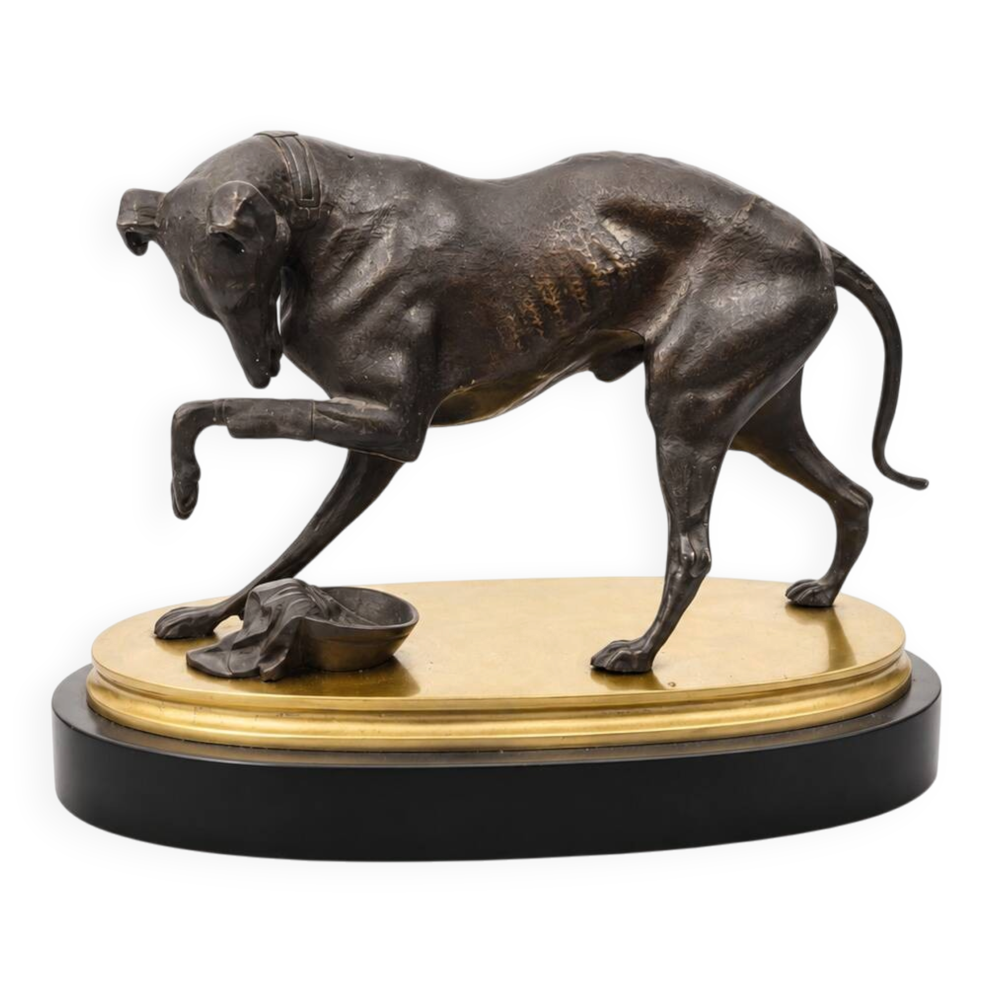 Bronze hunting dog and its prey – black marble base brass – s