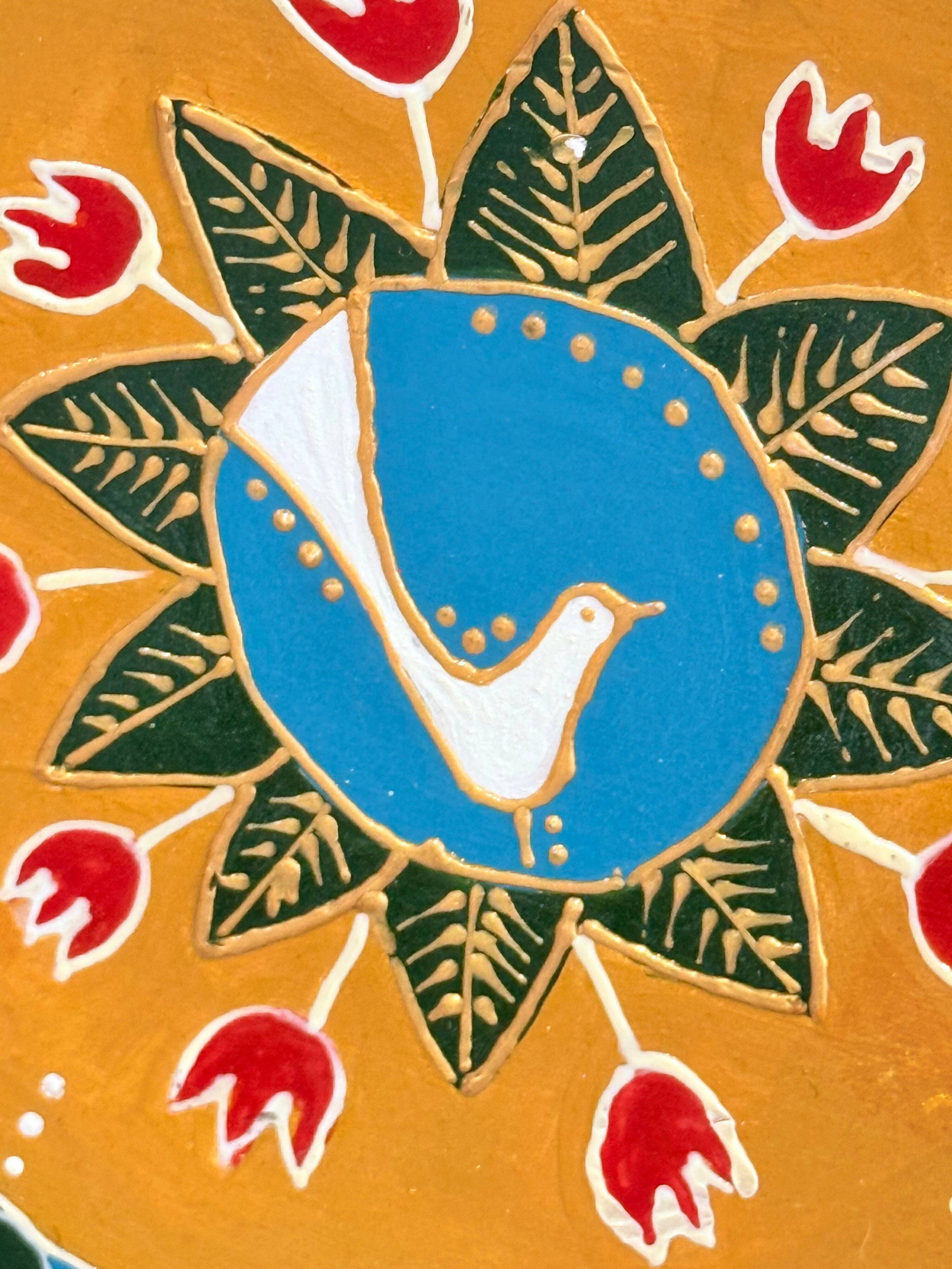 Hand-Painted Wall Decorative Ceramic Plate with Dove & Floral Folk Art Design