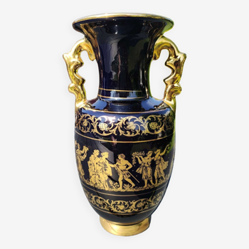 Vase amphore grec, bleu cobalt, porcelaine  décor scènes de vie mythologie grecque