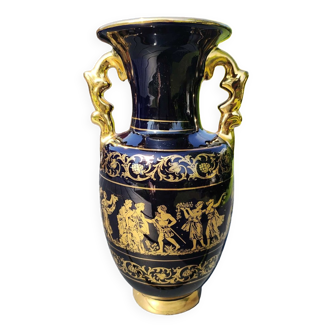 Vase amphore grec, bleu cobalt, porcelaine  décor scènes de vie mythologie grecque