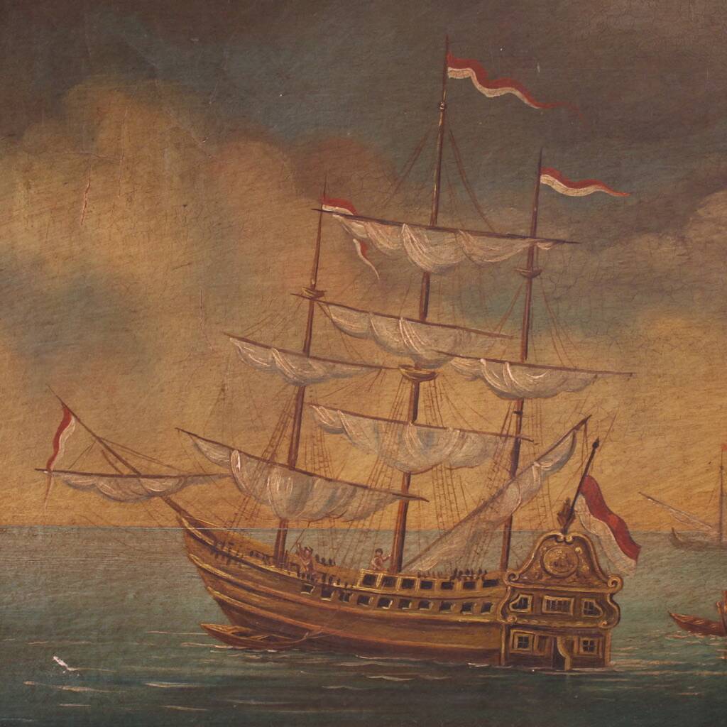 20th century Italian painting of a harbor view